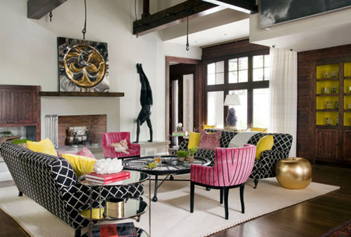 contemporary living room pink yellow