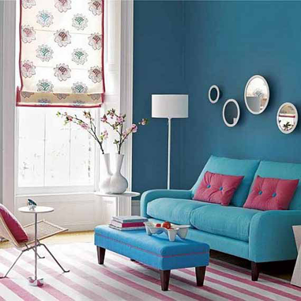 deep blue living room with a touch of red decorating ideas