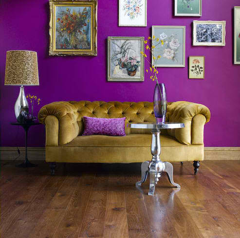 purple wall in living room with velvet chesterfield sofa and many decorating frames