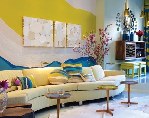 blue and yellow colorful living rooms