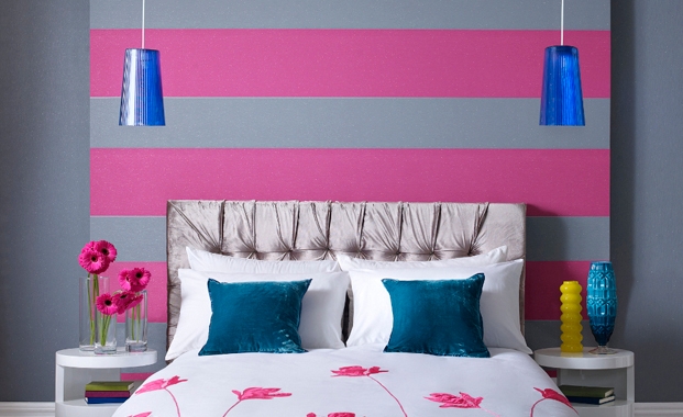 grey pink stripes bedroom with hanging lights
