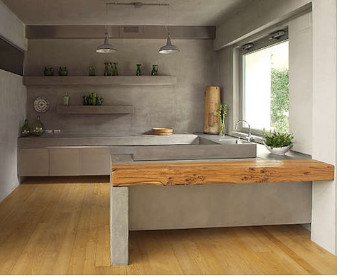 Concrete, steel, and raw wood throughout this italian kitchen in a 