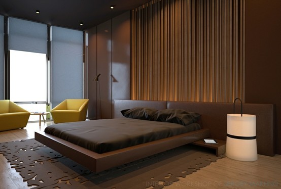 modern brown bedroom with lime