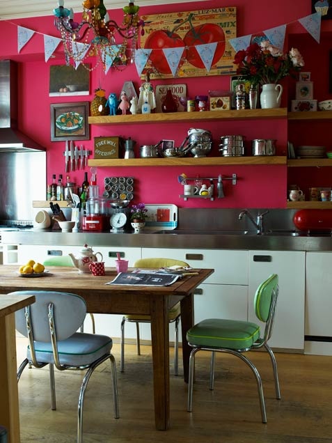 fuchsia wall in colorful kitchen