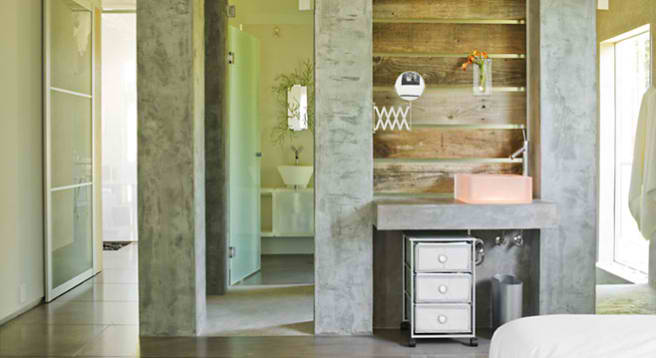 concrete and wood bathroom design