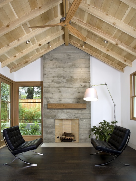 living room concrete fireplace woodgrain