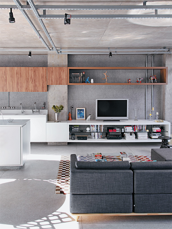 concrete living room open plan kitchen