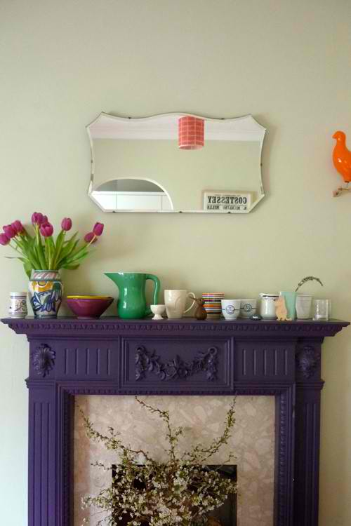 purple fireplace mantel