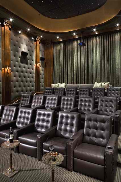 home theater room with Chesterfield leather seating