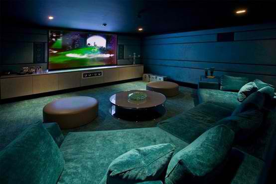dark turquoise home theater room