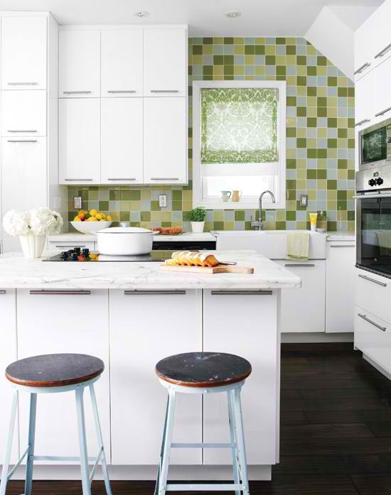 white small kitchen design with green tiles 10