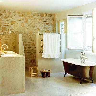 raw stone black with wood and free standing tub