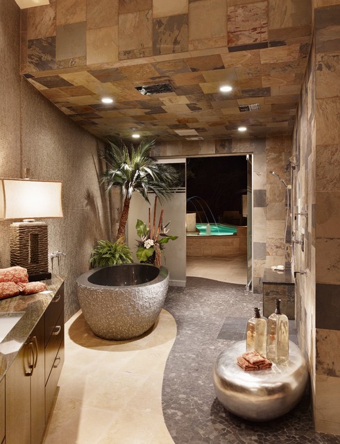 stone bathroom and grey bathtub 38 modern design