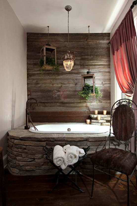 bathroom design with wood wall and stone bathtub