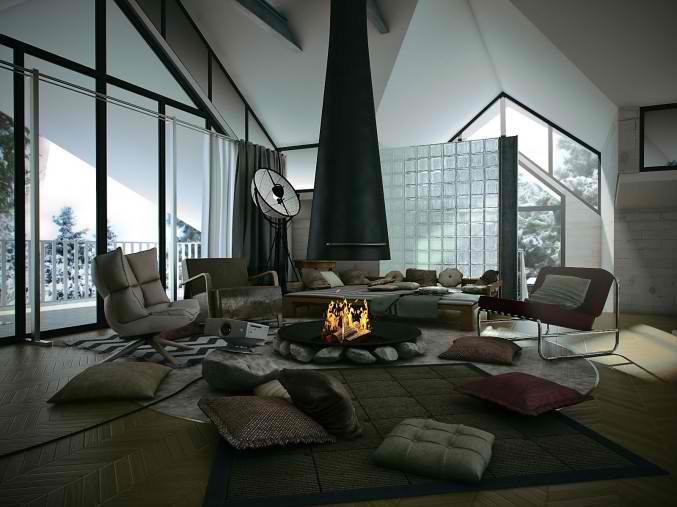 attic living room design with free standing central fireplace