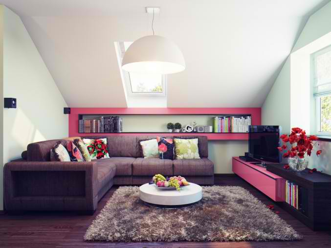 small attic brown and pink living room design