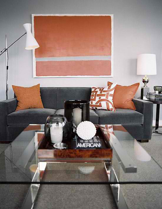 orange and grey livng room color scheme