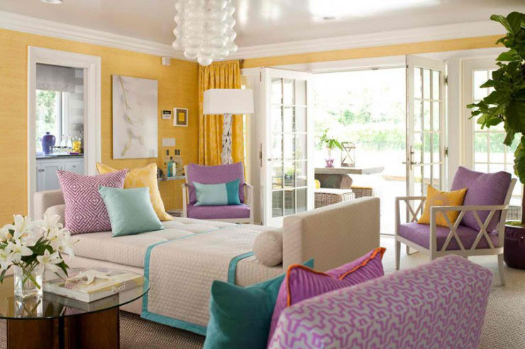 yellow turquoise and purple decorative pillows