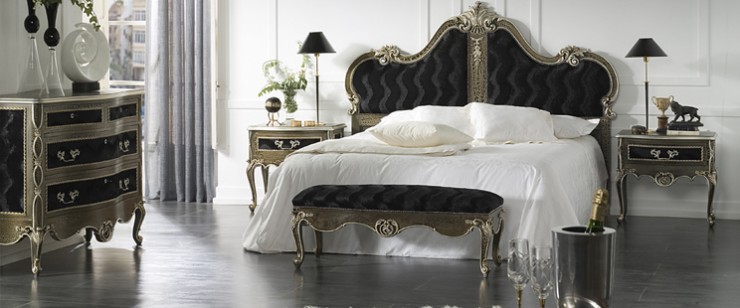 luxury bedroom design black velve and silver bedt