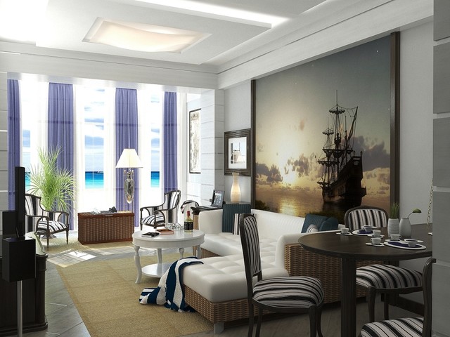 Living Room with Mediterranean inspired Wall Mural