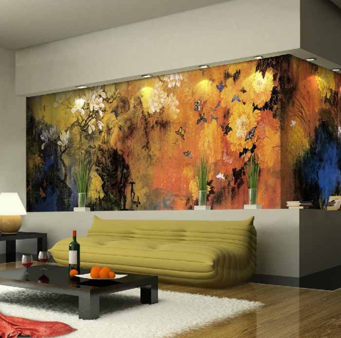 Living Room with Nature Inspired Wall Mural 