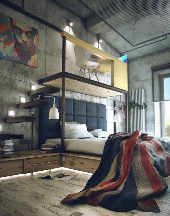 industrial bedroom with loft office
