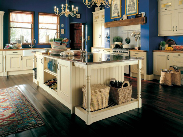 cream traditional kitchen with deep blue walls