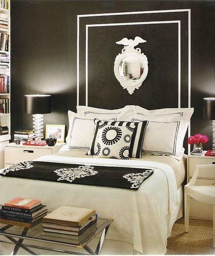 black and white bedroom with black wall