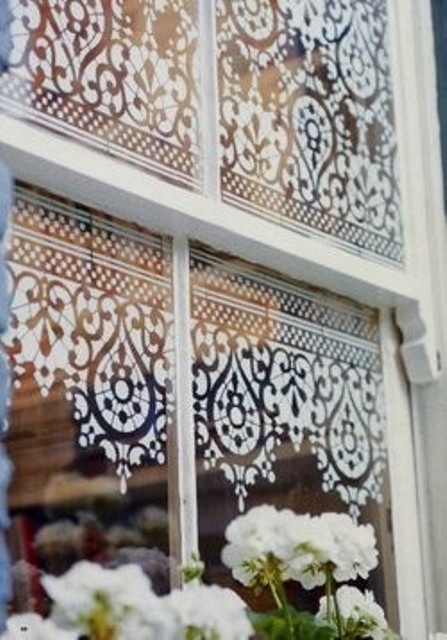 lace stenciled window decorating idea