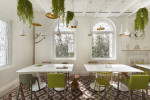 white dining room with hanging plants