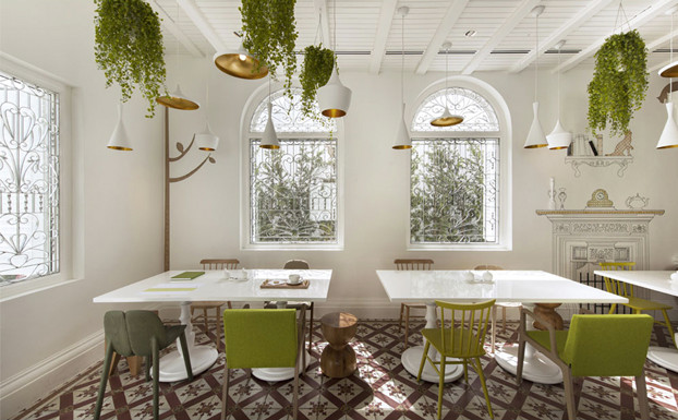 white dining room with hanging plants