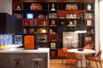 retro kitchen design with orange refrigerator