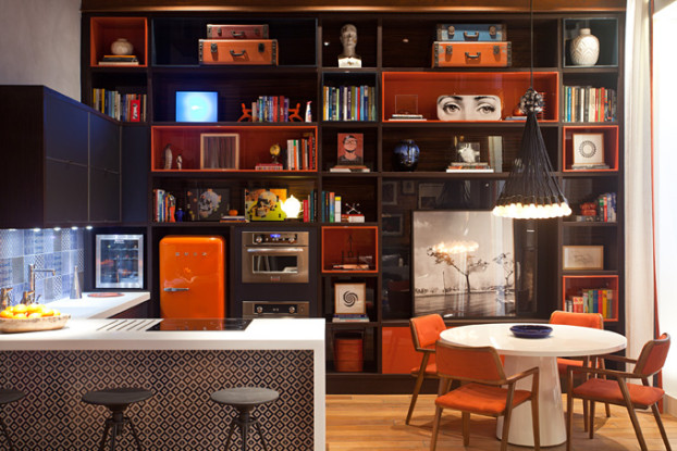 retro kitchen design with orange refrigerator