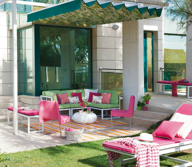 modern pink and yellow outdoor patio