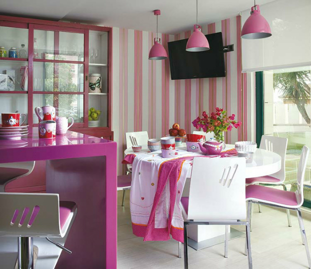 modern white and pink small kitchen dining room