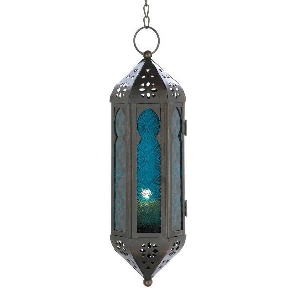bohemian Ocean Blue Glass Azul Serenity Hanging Candle Lantern