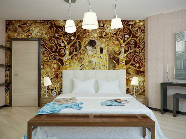 bedroom wall decorated with Gustav Klimt art 