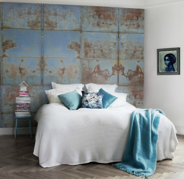 Bedroom distressed blue accent wall