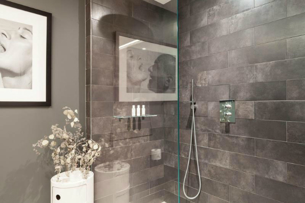 gray contemporary shower with art