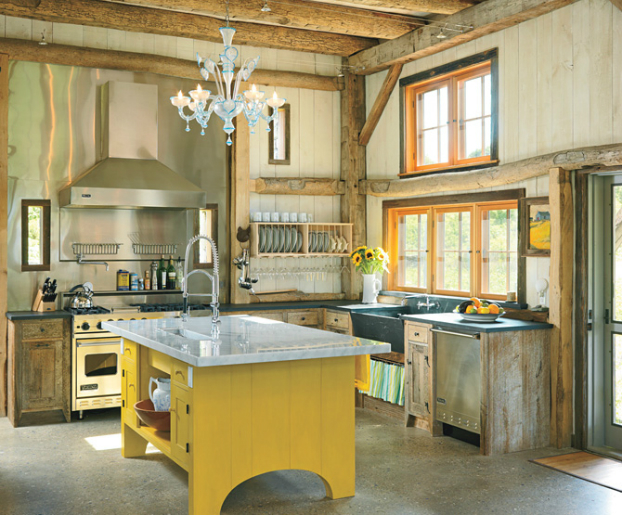rustic kitchen design with yellow island