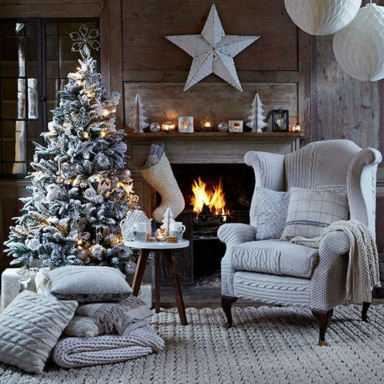 Christmas living room country decorating idea with knitted chair cover