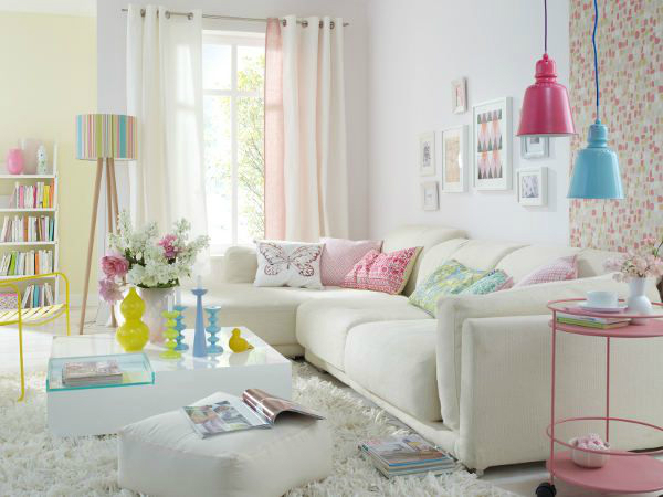 white living room with bright accesories