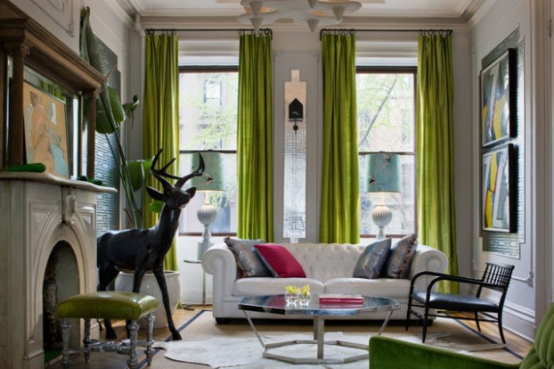 living room with lime green curtains