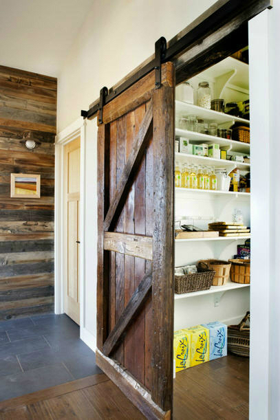 Rustic sliding barn door for a kitchen pantry 