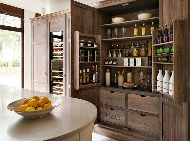 Larder cupboard with steb shelving with quick access, and packet racks inside the doors