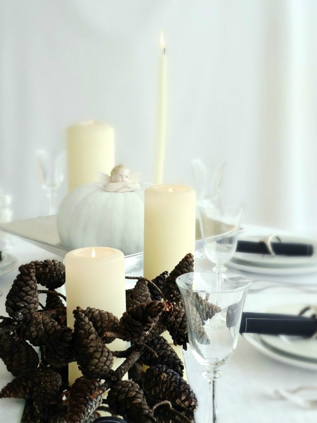 thanksgiving table decorations with pine cones branch white pumpkin and angel 