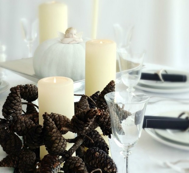 romantic thanksgiving table decorations with pine cones branch white pumpkin and angel 2