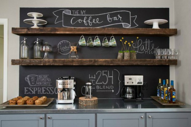 coffee bar idea with chalkboard, cabinet and open shelves