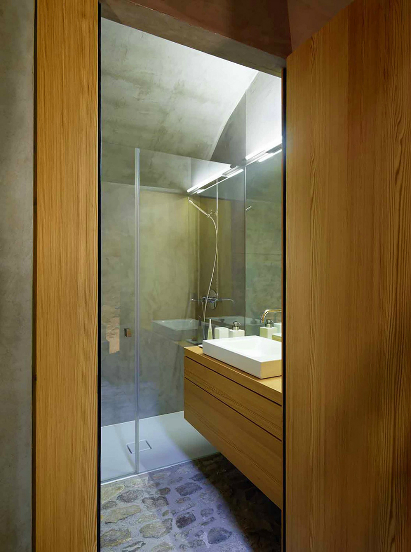 light wood with concrete contemporary bathroom
