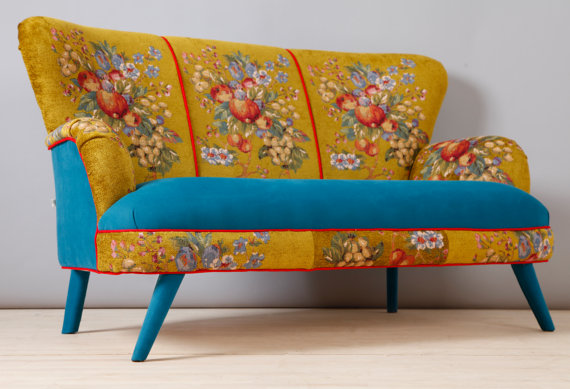 Handmade two seater sofa upholstered with best quality Gobelin and turquoise velvet fabrics mix